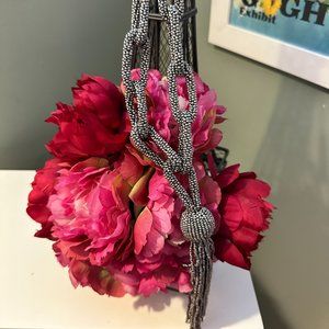 Long Silver Beaded Statement Necklace with Tassels